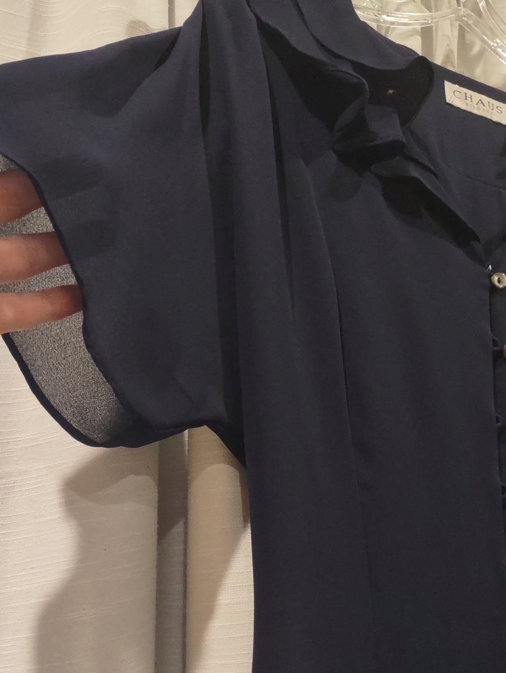 Chaus Navy button-down dress Short Sleeve tie in back Ruffle Summer Lightweight - Picture 14 of 16